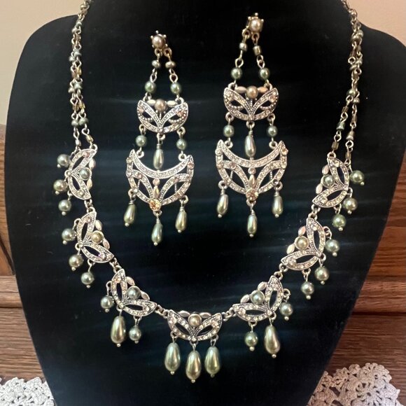 Monet Jewelry - Vintage Monet Necklace and Chandelier Earrings Set Gold Tone Sage Green Pearl